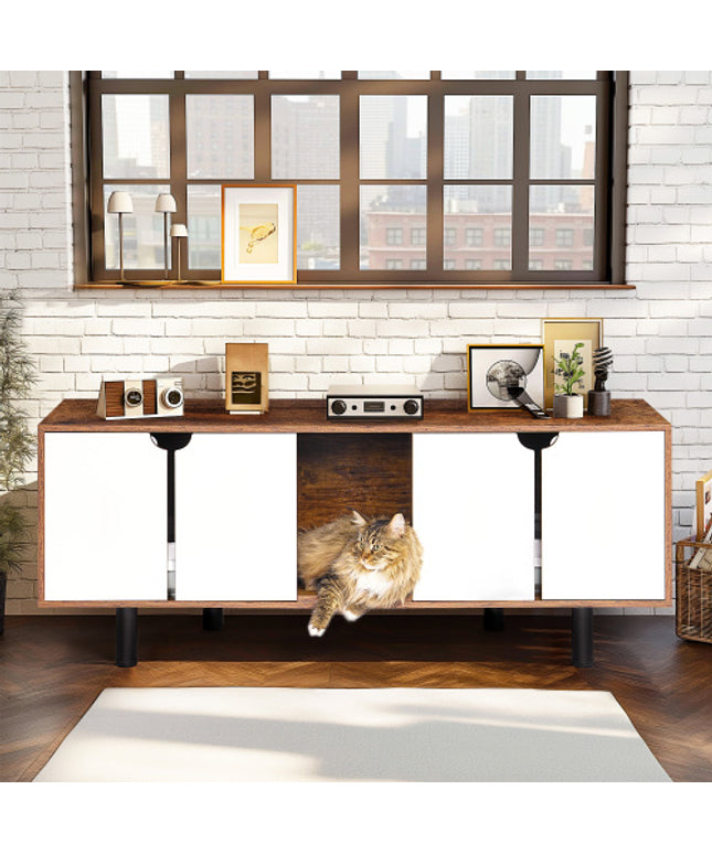 Modern Wooden Double Cat Litter Box Enclosure Cabinet