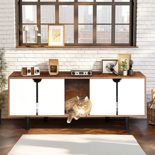 Modern Wooden Double Cat Litter Box Enclosure Cabinet