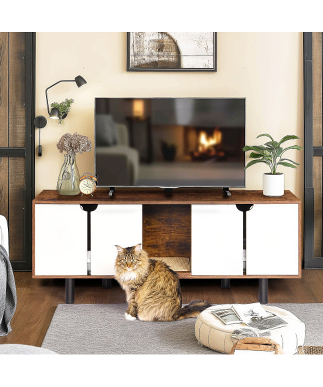 Modern Wooden Double Cat Litter Box Enclosure Cabinet